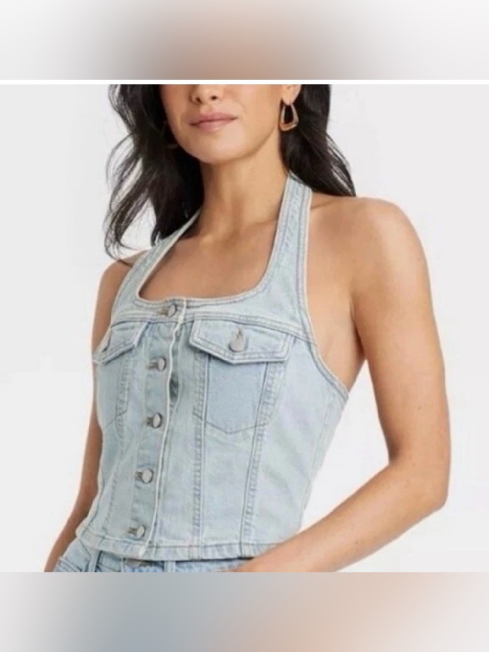 Universal Thread Womens Light Wash Denim Halter Boho Western Crop Top SZ L - NWT